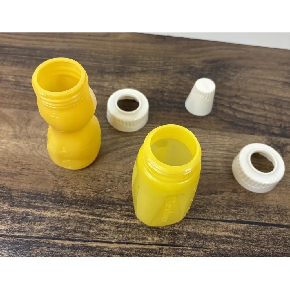 Vintage Lot Of 2 Gerber Plastic Baby Bottle Set Yellow Owl One Lid